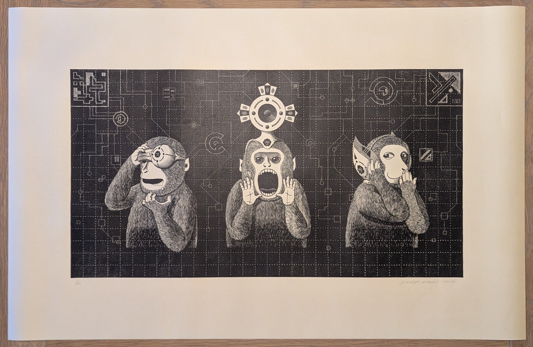 Three Smart Monkeys by Hideshi Yoshida | Woodblock Print | Kumo Arts